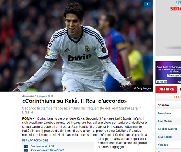 Site Italiano confirma a negociação do Corinthians com Kaká