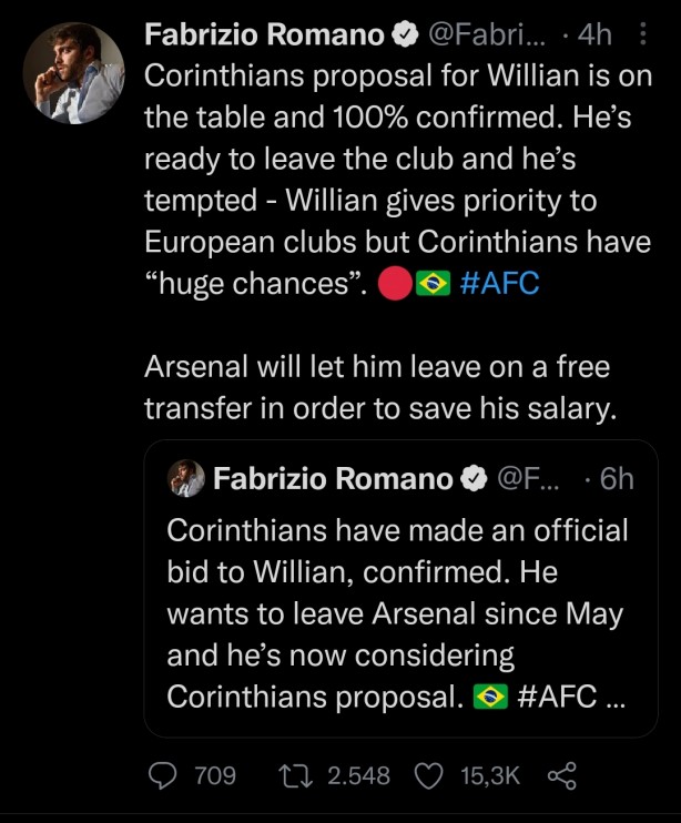Fabrizio Romano confirma negociao do Timão por Willian
