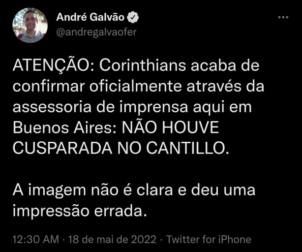 Assessoria de imprensa do Corinthians confirma: no houve cusparada em Cantillo
