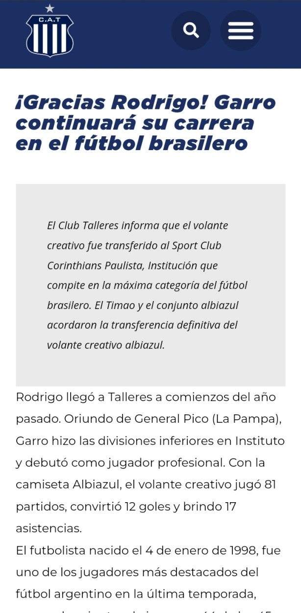 O site oficial do Talleres j oficializou a ida de garro ao corinthians