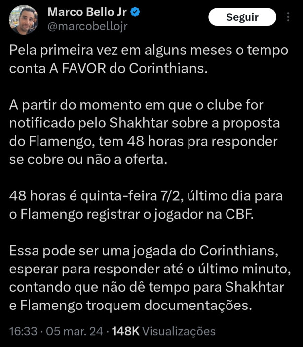 Marco Belo sugere que Corinthians demore pra dar a resposta do Maycon pra ferrar o Flamengo