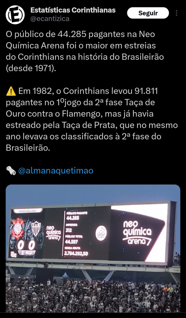 Record de pblico do Corinthians na estria do Brasileiro