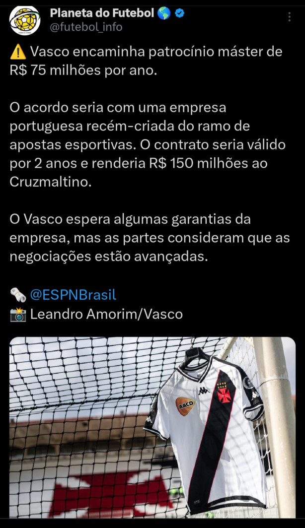 Off Tpico: Vasco patrocnio de 75 Milhes com casa de apostas recm criada!
