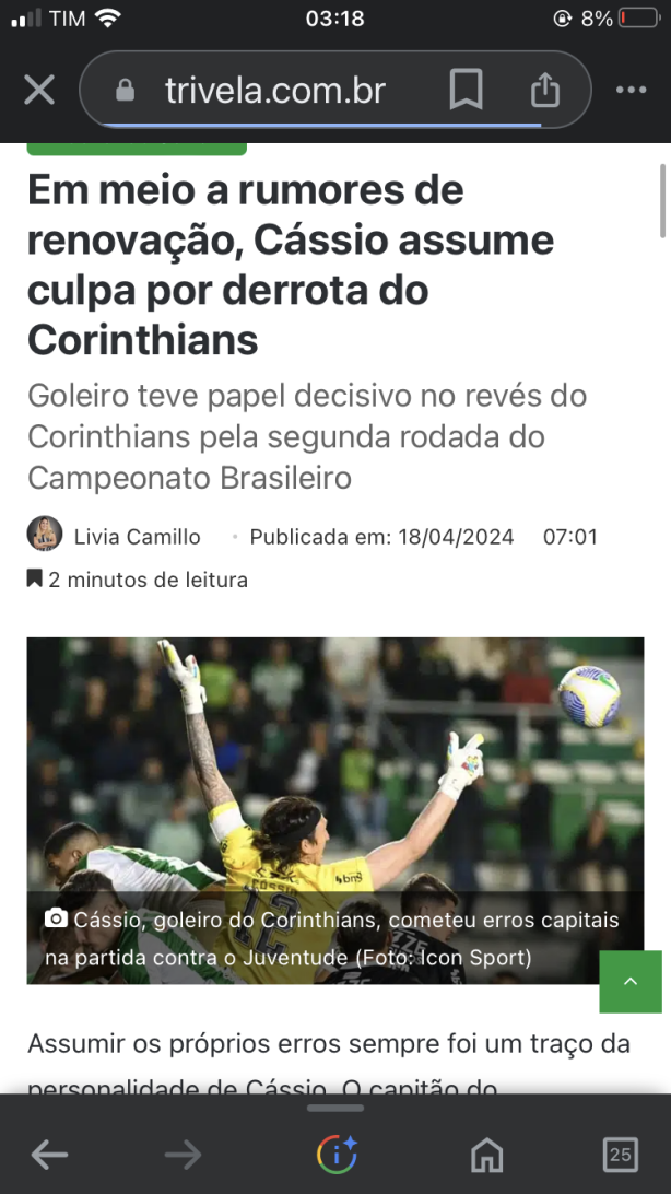 Ufa o Cssio assumiu a culpa pela derrota do Corinthians kk..