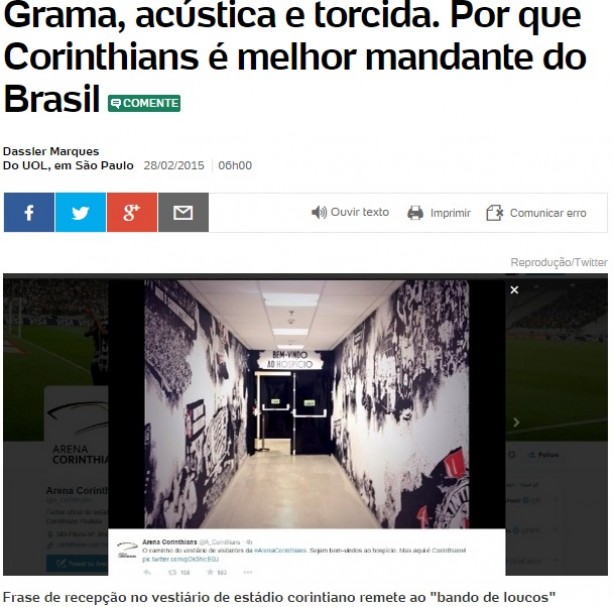 Portal UOL publicou matria destacando pontos fortes da Arena Corinthians