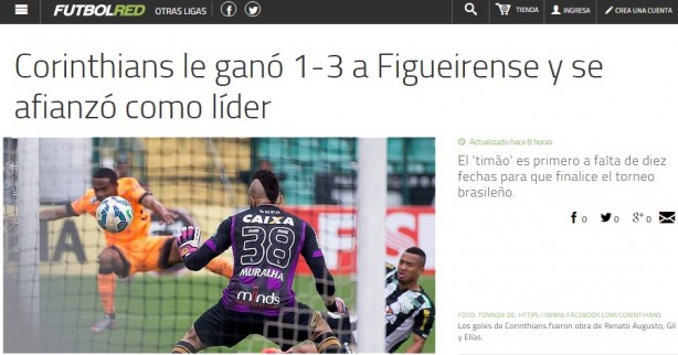 O Futbol Red, da Colmbia, destacou a vitria do Corinthians na 28 rodada