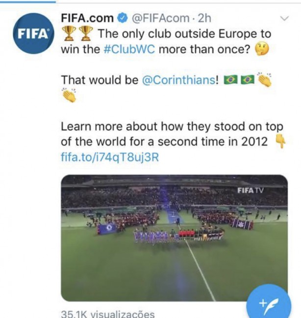 Twitter da FIFA falando do NICO Bicampeo fora da Europa