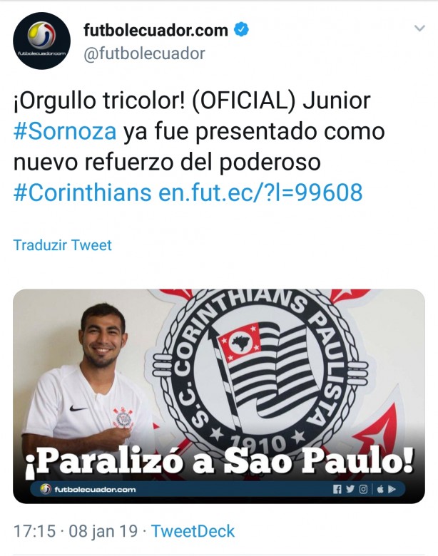 Twitter Ecuatoriano sobre vinda do Sornoza no Corinthians