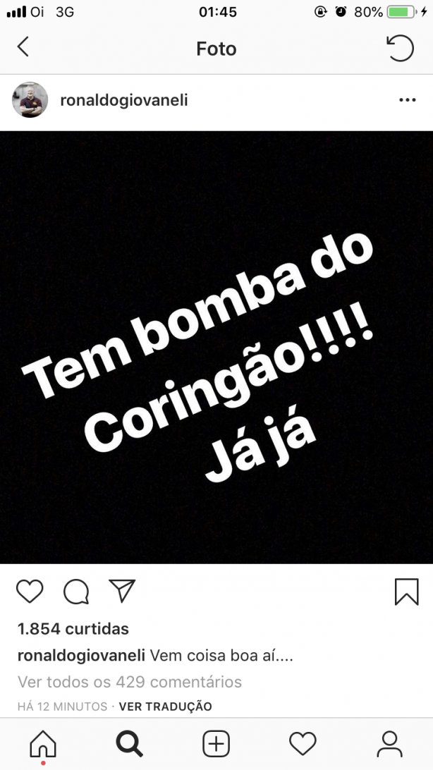 Instagram Ronaldo Giovanelli - bomba no Corinthians