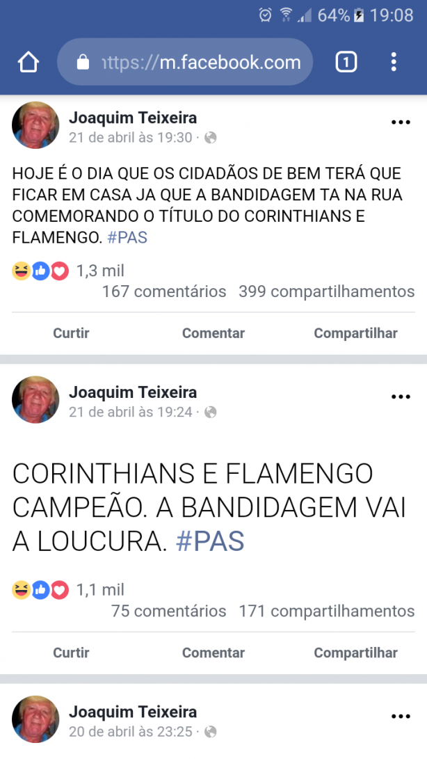 Facebook do Anti Joaquim chama corintianos de bandidos