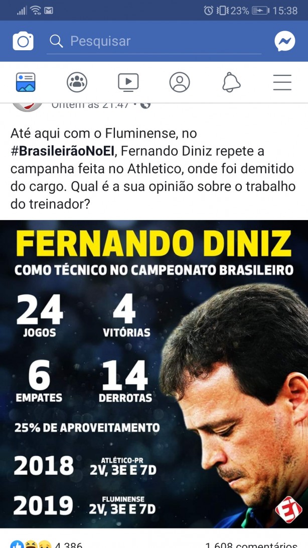Fernando Diniz e seu desempenho nos ltimos times