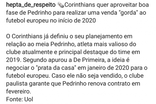 Corinthians quer vender o Pedrinho em Janeiro