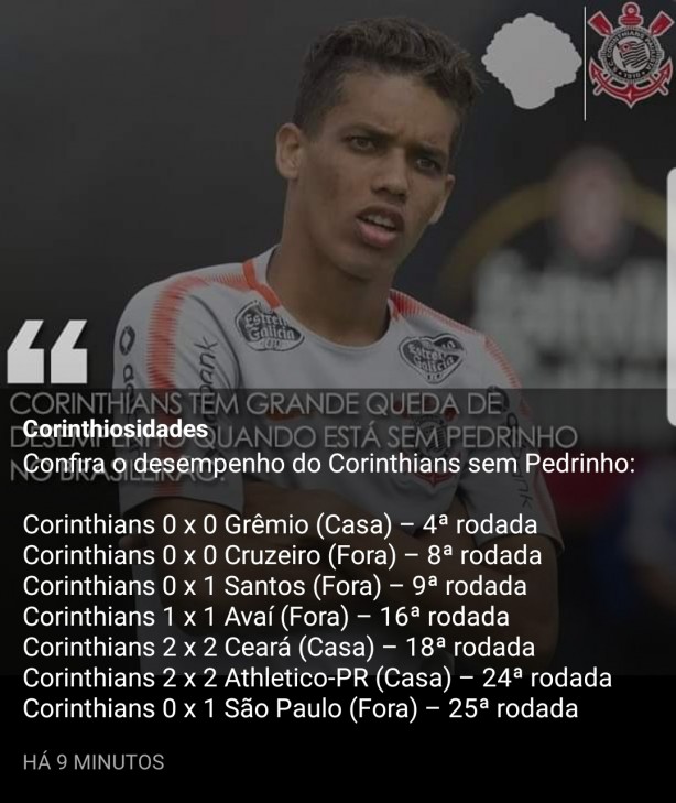 Corinthians n�o ganhou nenhum jogo sem o Pedrinho