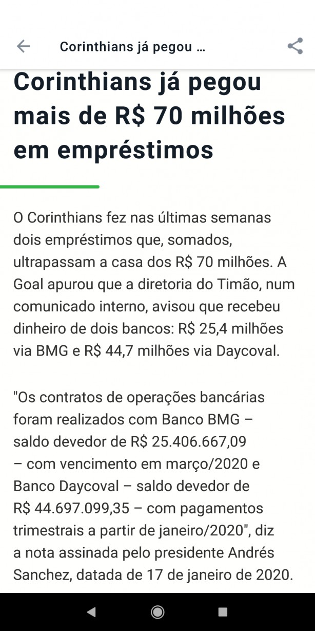 segundo o aplicativo Onefootball, o Corinthians pegou mais de 70 milhes de reais em emprstimos