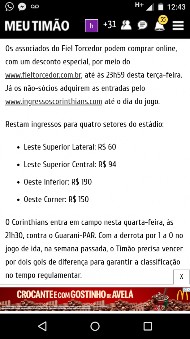 Pre�o dos ingressos da partida contra o Guaran�