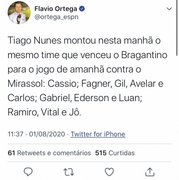 Flavio Ortega confirmou escalao de amanh contra o Mirassol