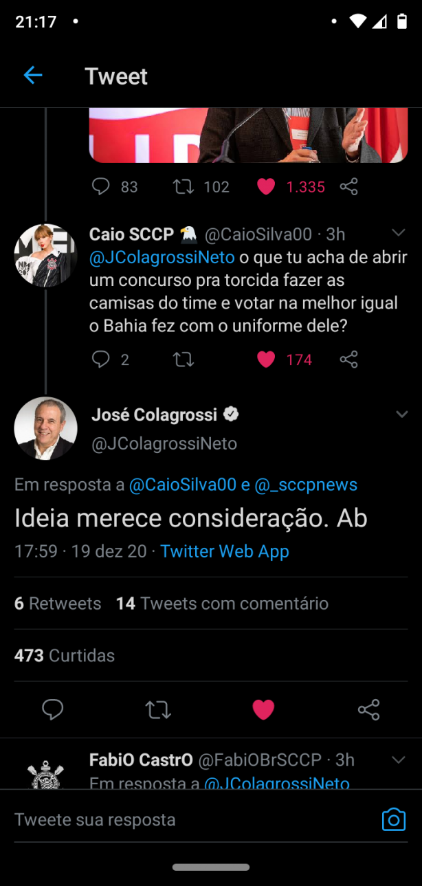 Olha só o que o José Colagrossi respondeu no Twitter dele &#128064;