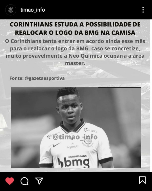 Corinthians estuda a possibilidade de realocar o logo da BMG na camisa