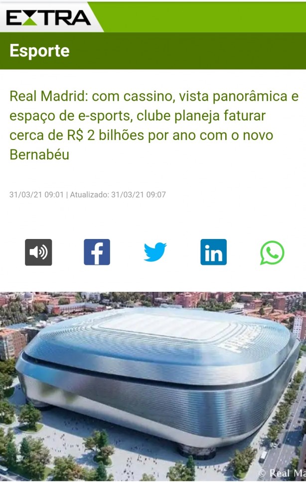 Real Madrid pretende arrecadar 2 bilhes por ano em receitas com o bernabeu
