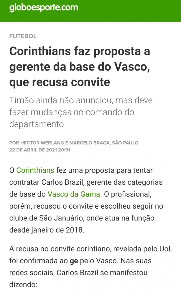 Corinthians fez uma proposta para o gerente do Vasco?