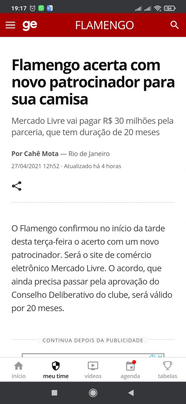 Flamengo fecha patrocnio de 30M por 20 meses.