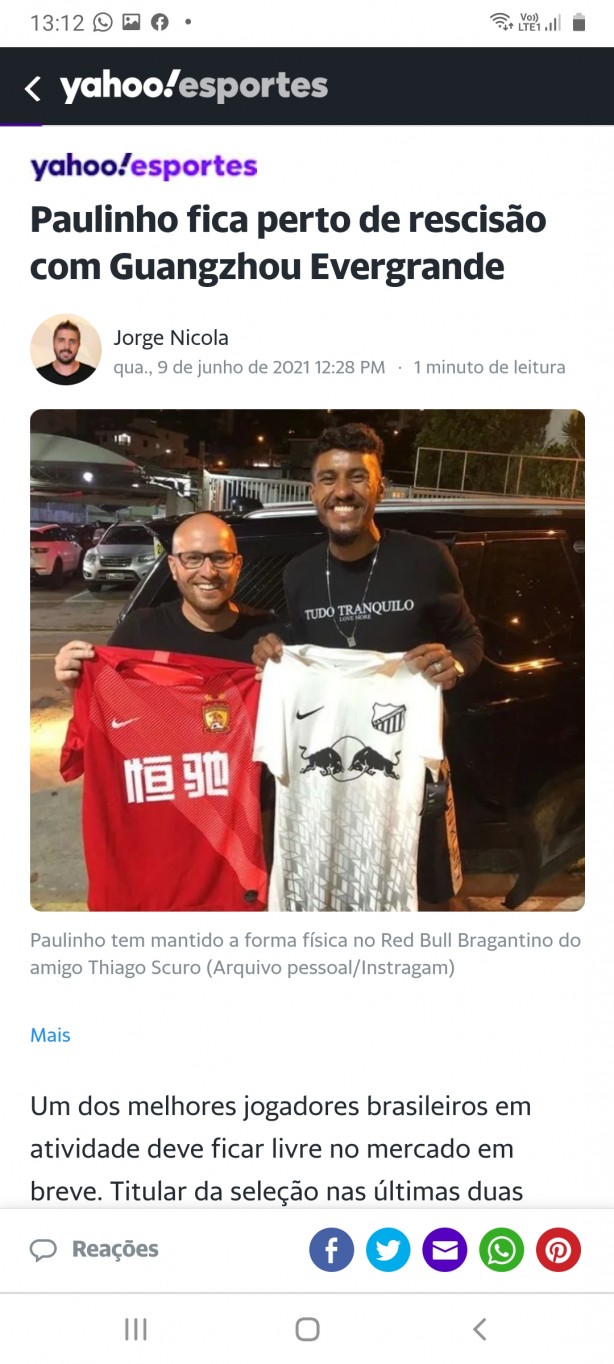 Paulinho fica perto de resciso com Guangzhou Evergrande