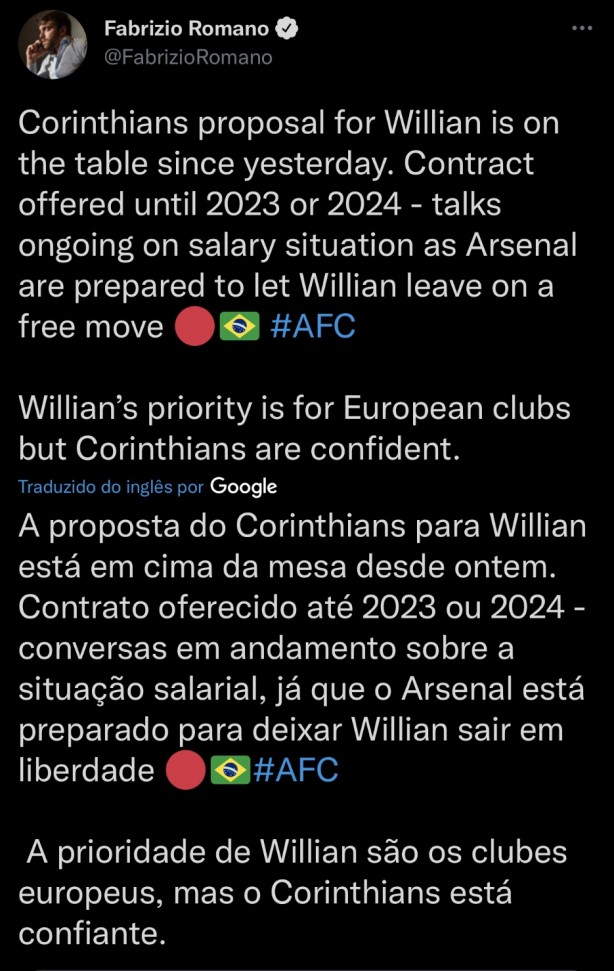 Parece que Willian est� vindo mesmo...