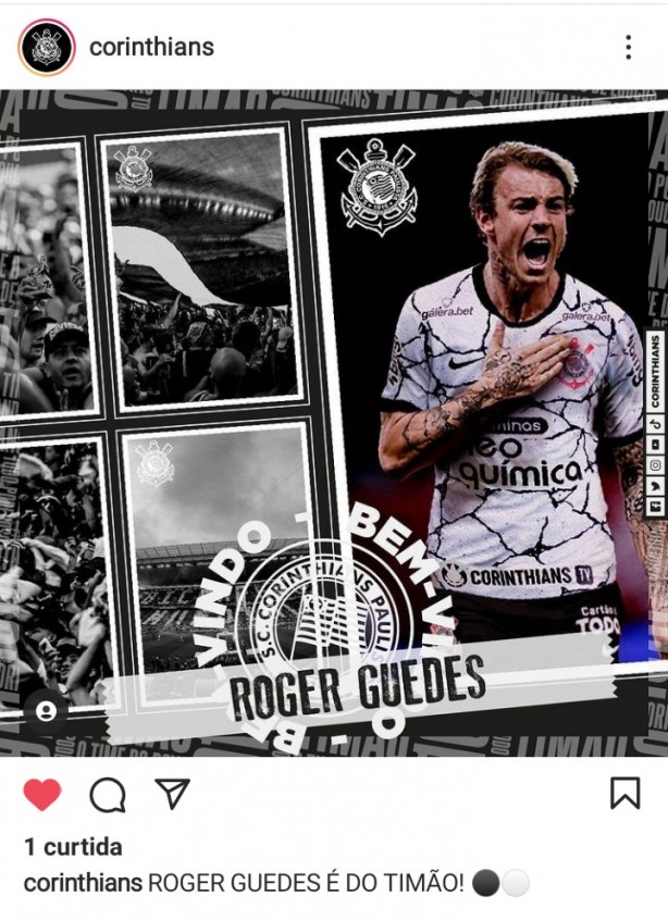 Corinthians anuncia Roger Guedes em seu Instagram