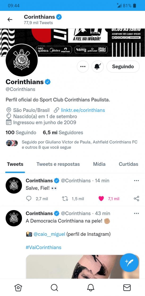 Twitter do Corinthians agora urgente