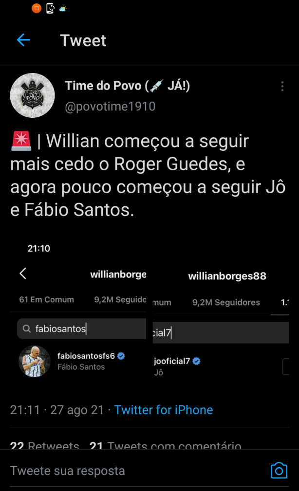 Willian comea a seguir Roger Guedes, J e Fabio Santos!