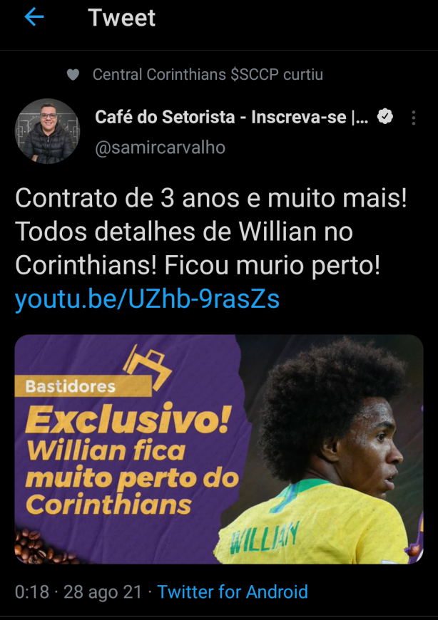 Willian 80% prximo do Timão, segundo samir Carvalho!