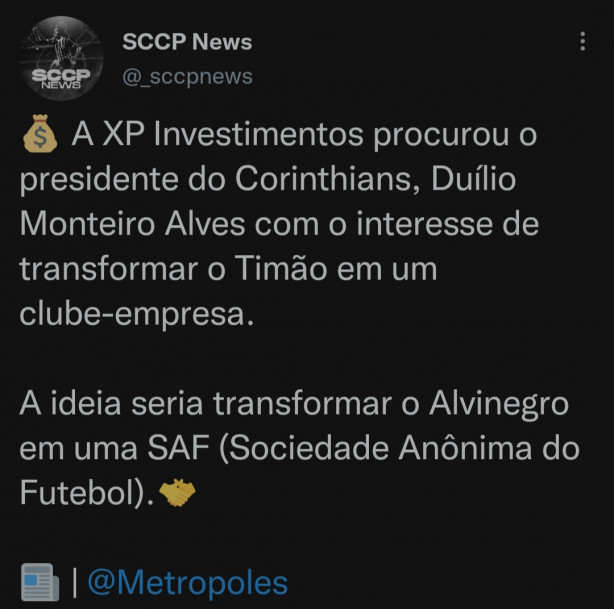 XP investimentos procura o Corinthians com inteno de fazer do Corinthians um clube-empresa