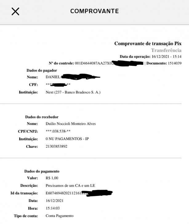 Fiz um pix para o Duilio