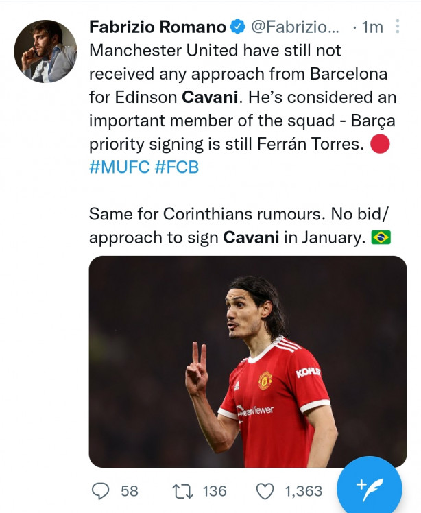 Fabrizio Romano soltou sobre o Cavani
