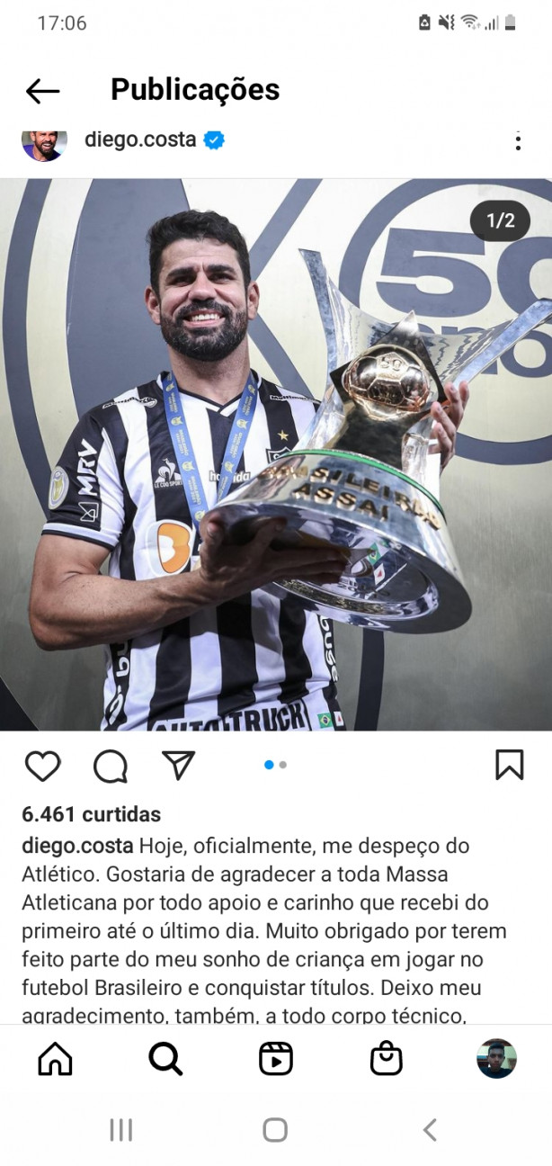 Oficial-Diego Costa rescinde com o Atlético MG