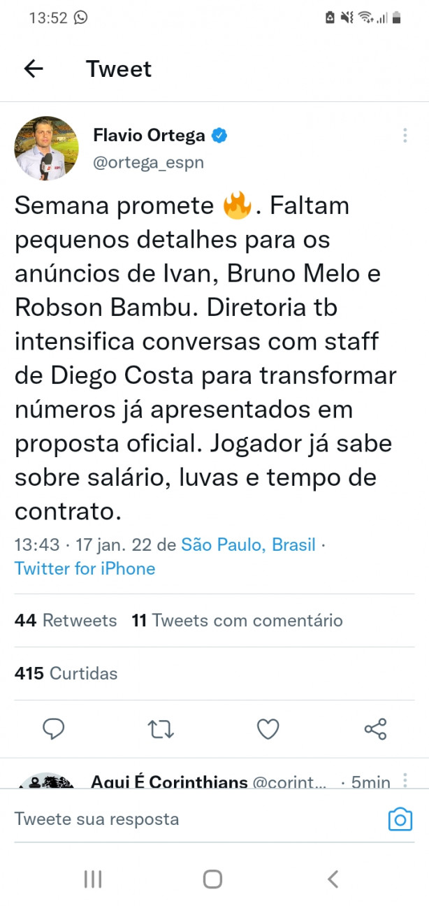 Flavio Ortega-Atualizações sobre Diego Costa e detalhes para anúncio de Ivan e Bambu