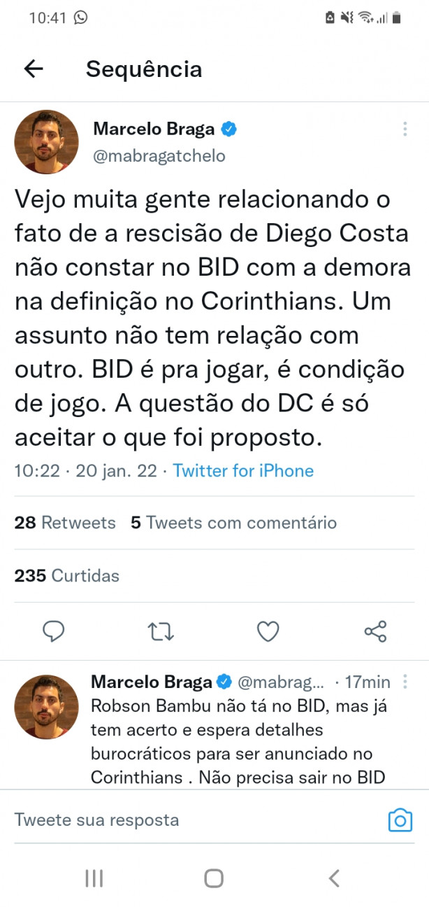 Marcelo Braga(Ge)-No precisa sair no BID a reciso do Diego Costa pra anunciar