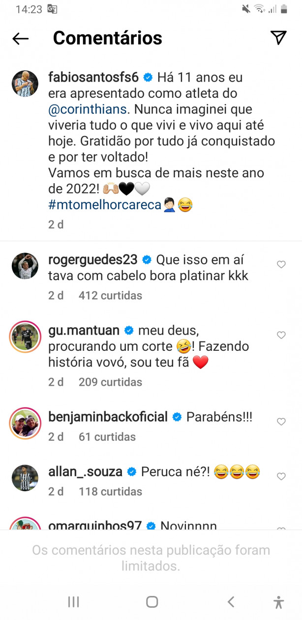 Roger Guedes no Instagram do Fabio Santos Kkkk