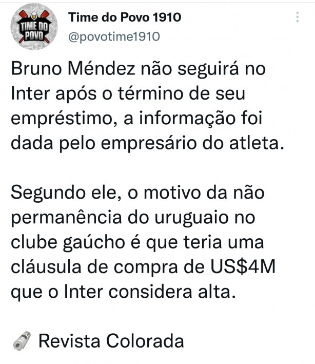Bruno Mendez n deve continuar no inter