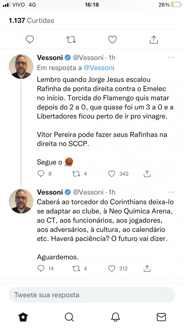 vessoni faz apelo à torcida: deixem Vitor Pereira trabalhar!