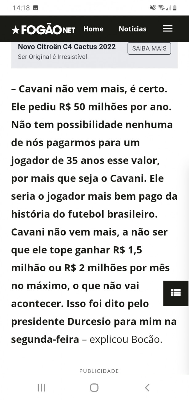 OFF:Cavani pediu 4 milhões de reais por ano para o Botafogo