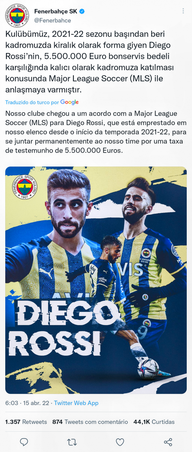 Diego Rossi foi contratado em definitivo pelo Fenerbahçe