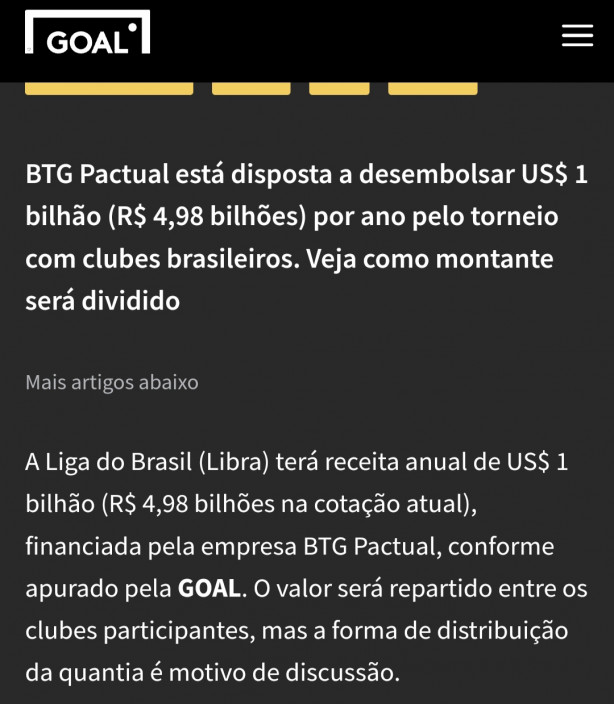 LIBRA receber 1 Bilho de Dlares por ano pela Liga Brasileira ao clubes.