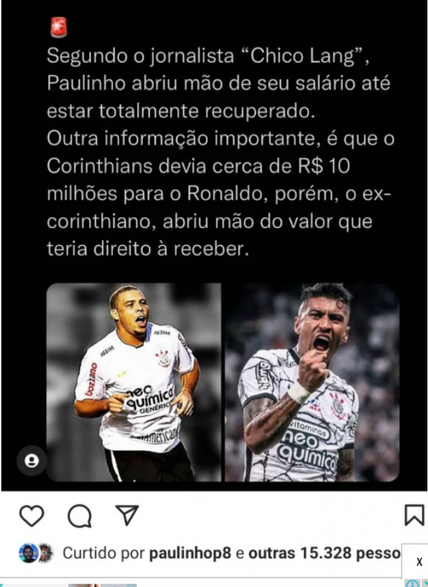 Paulinho e Ronaldo Fenômeno subindo no elevador da idolatria e respeito ao Corinthians