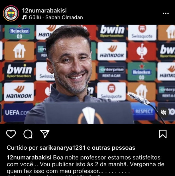 Post de um torcedor do Fenerbahçe sobre Vitor Pereira;