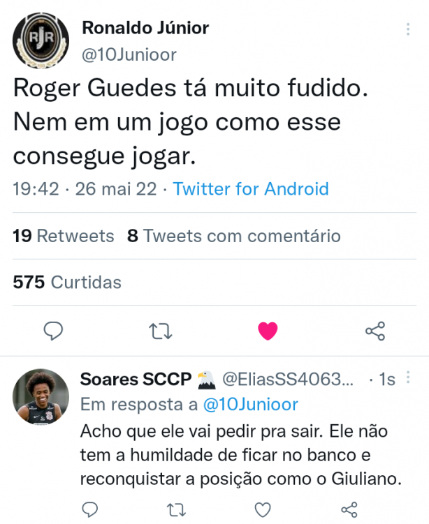 Vocês acham que o Roger Guedes vai acabar pedindo pra sair do Corinthians?
