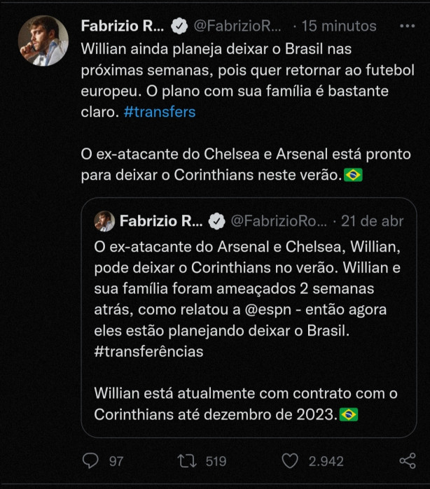 Willian planejando deixar o Corinthians - Fabrizio Romano