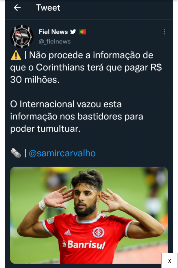 Segundo samir Carvalho A <span style="background:#ffdc4f; padding:3px 0">informação</span> de que o Corinthians pagará 30 milhões por Yuri A. é FALSA