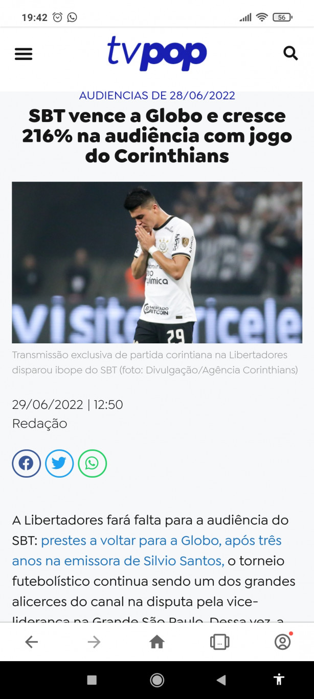 Corinthians bate globo na audiência mais um vez