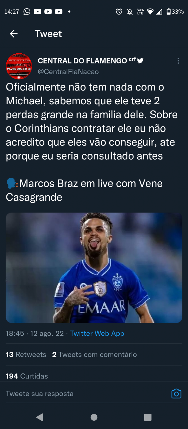 Declarao do Marcos Braz, dirigente do Flamengo sobre Michael